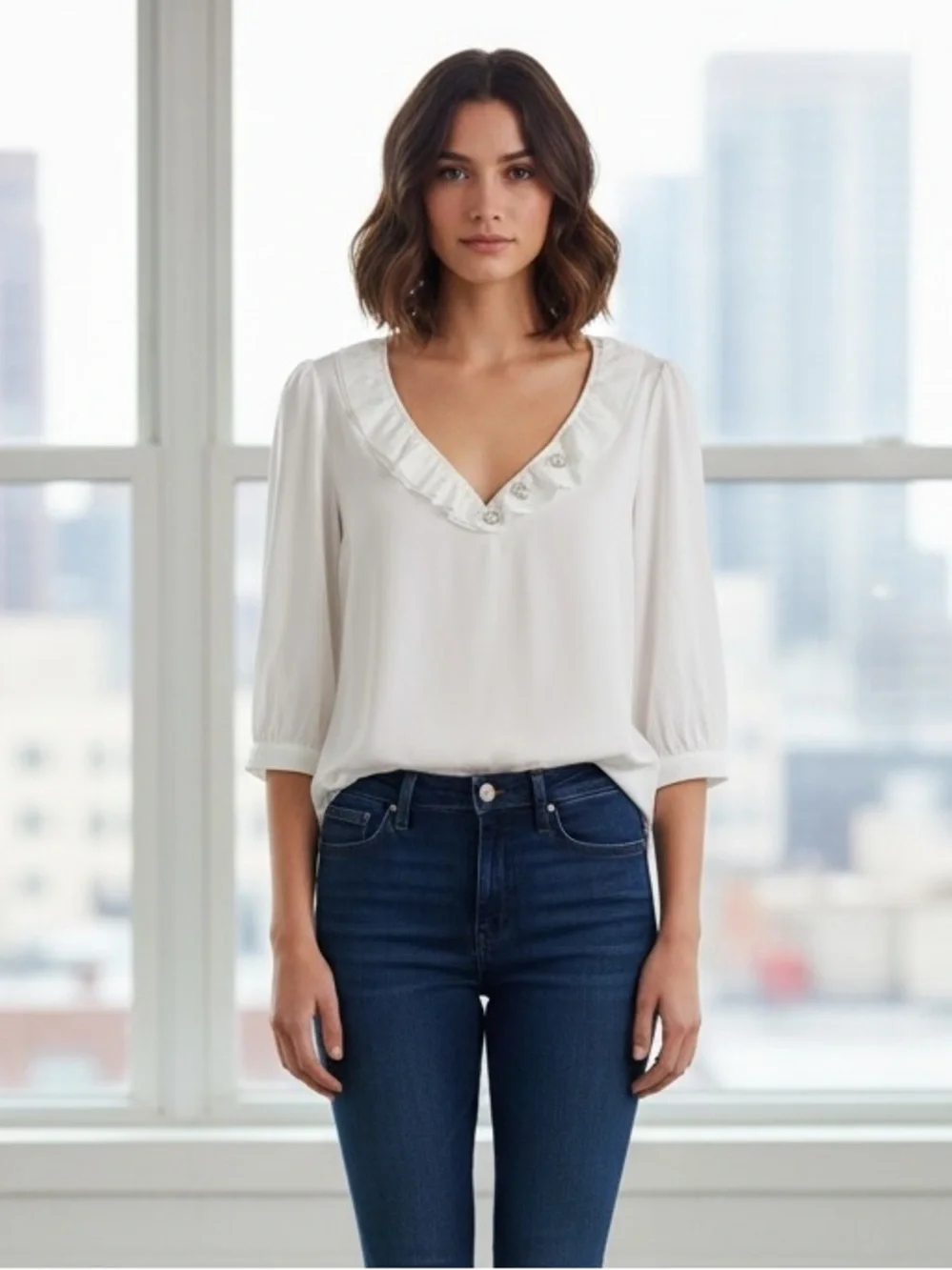Kate Spade White Long Sleeve Jewel Button